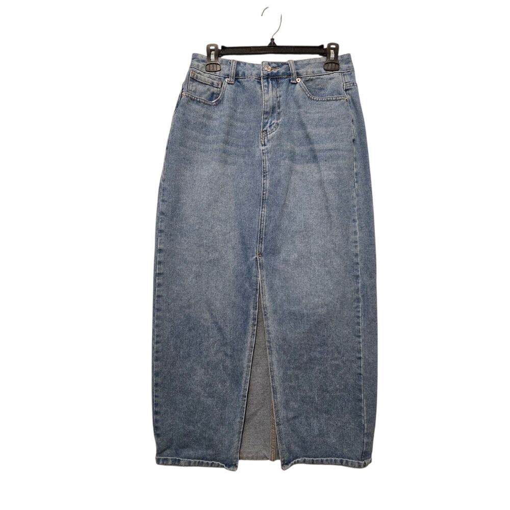 Forever 21 Denim Long Jean Skirt Womens MED Front Slit Western Festival Hippie